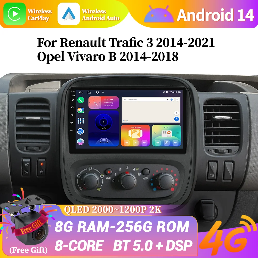 Android 14 For Renault Trafic 3 2014-2021 Opel Vivaro B 2014-2018 Car Radio Multimedia Wireless Apple Carplay GPS Touch Screen