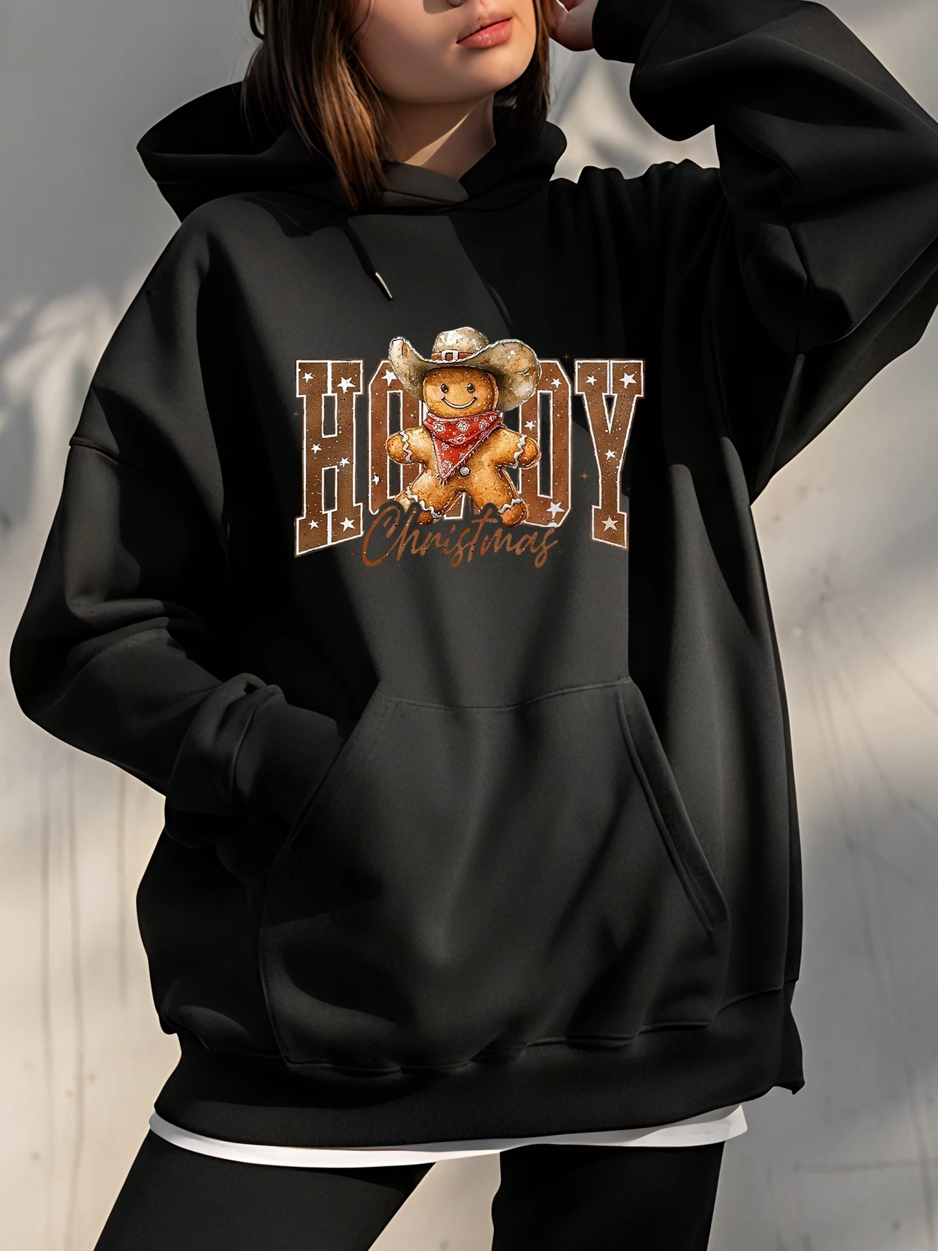 

Рождественская толстовка с принтом в повседневном стиле с пряничным ковбойским дизайном для женщин, зимняя одежда, уличная одежда