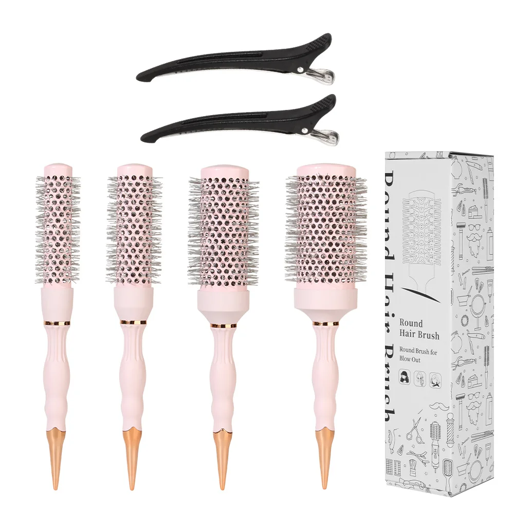 

Professional Round Blow-Dry Brush Set for Hairdressers, 4 Pieces, Including a Brush, 2 Flat Clips and a Box, Professional Curling Hot Brush, 5 Sizes, Suitable for Creating Stylish Curly Hairstyles, Suitable for Women's Styling, Blow-Drying, Curling, Smoot