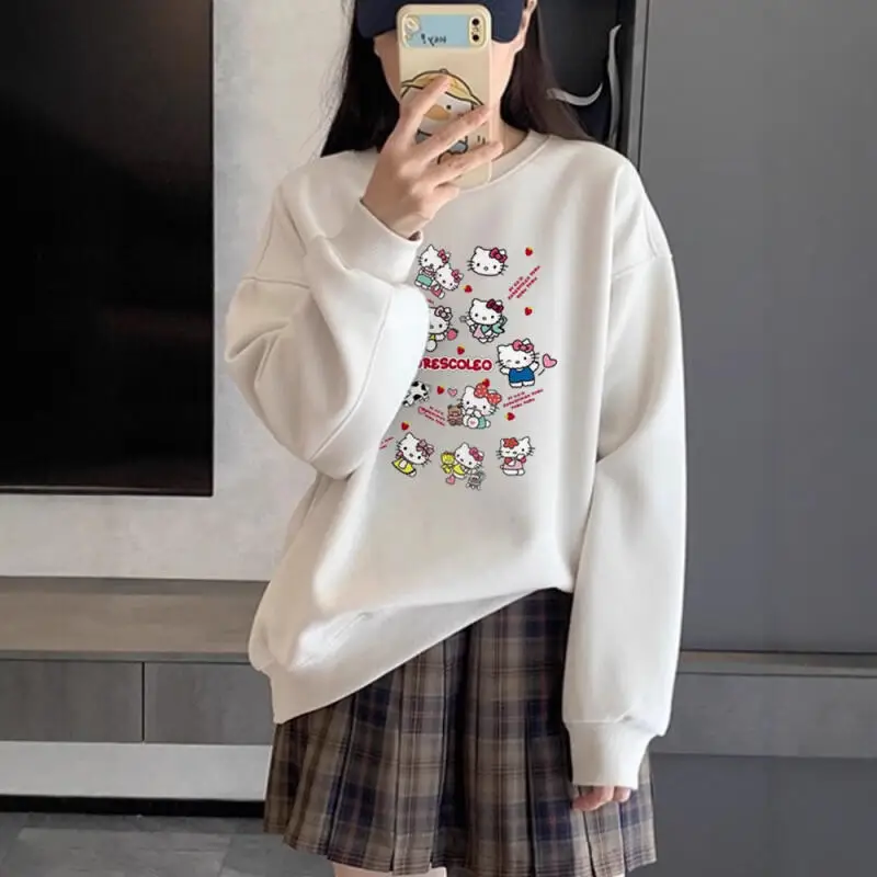 Kawaii مرحبا كيتي الطازجة لطيف النمط الأمريكي الرجعية ربيع الخريف كلية كل مباراة إضافة المخملية هوديي طويلة الأكمام تي شيرت فتاة