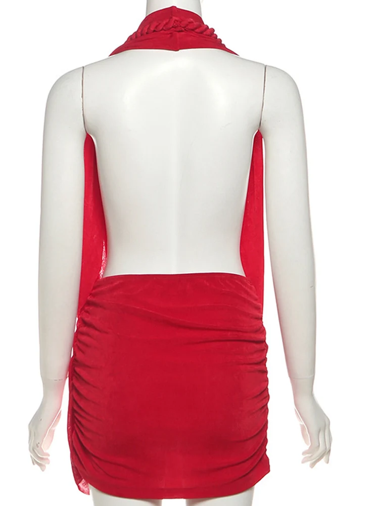Kricesseen sexy ​ Dames effen wikkelontwerp met ruches en gedraaidetail Jurk Dames Halter Backless Cocktail Party Clubwear Bodycon