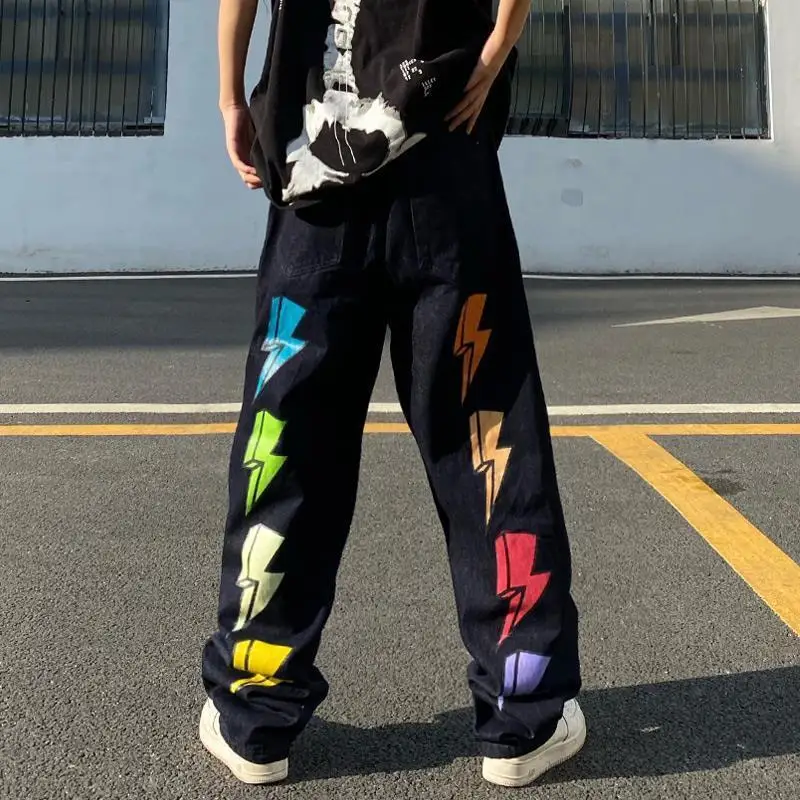 Men's Colorful Lightning Print Pattern Jeans Casual Pants Boy Bottom Spring High Waist Sweatpants Male Wide-leg Trousers