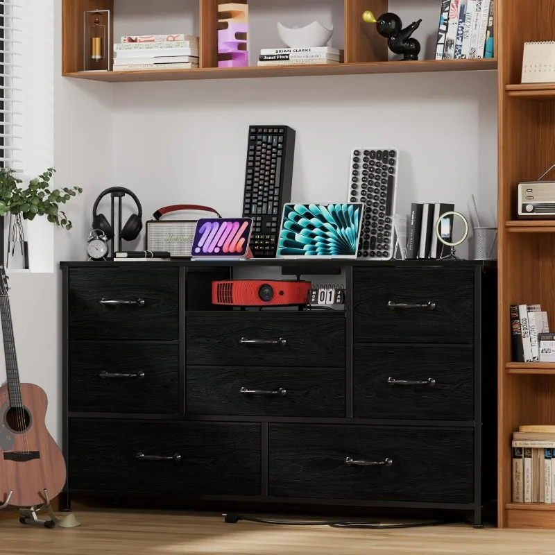 Dresser TV Stand with Power Outlet for 55'' Long TV, Entertainment Center with 8 Deep Drawers,Wide Chest of Drawer