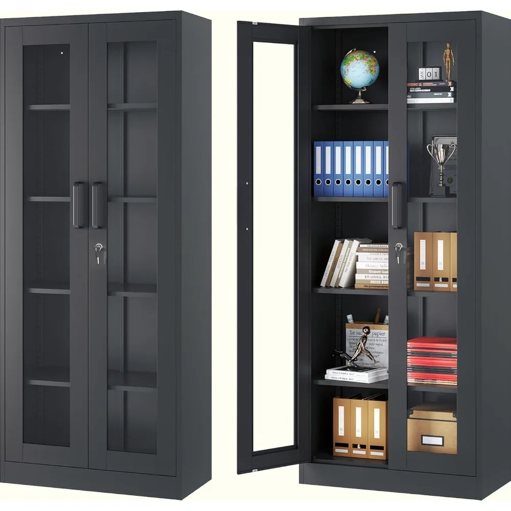 Gabinete de Almacenamiento Metálico con Cerradura y Puertas de Vidrio, Vitrina de Vidrio, Gabinetes de Almacenamiento Negros de 67 Pulgadas de Alto, Personalizados