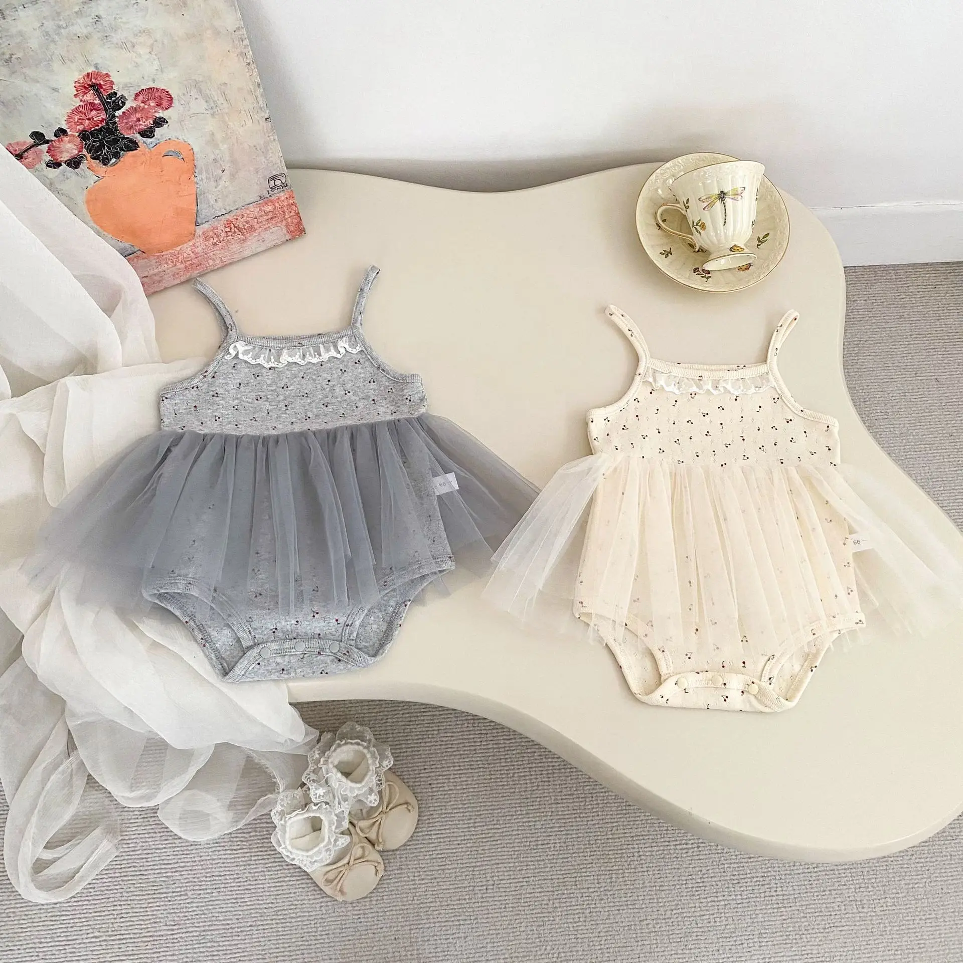 Newborn Girls Clothes Summer Baby Bodysuits 3-24M Sweet Cherry Girls' Sling One Piece 100 Day Princess Infant Romper Skirt