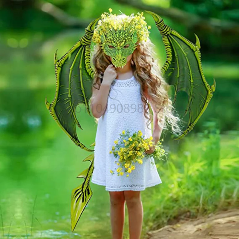 ชุดคอสตูมมังกรเด็กชายเด็กหญิง สีแดงน้ำเงิน ปีกมังกรปีศาจ หางปีศาจ หน้ากากไดโนเสาร์ ชุดคอสตูมสำหรับเด็ก ฮาโลวีน คอสเพลย์ อุปกรณ์ประกอบฉาก