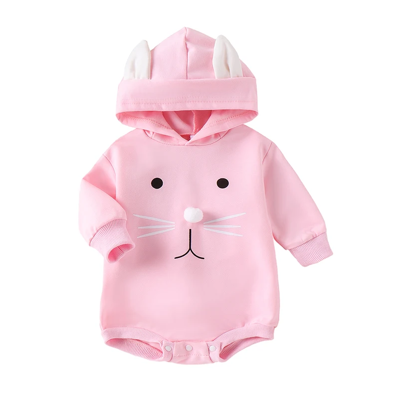 Newborn Baby Girl Easter Clothes Long Sleeve Bunny Hooded Romper Hoodie Rabbit Bodysuit  with Rabbit Tail