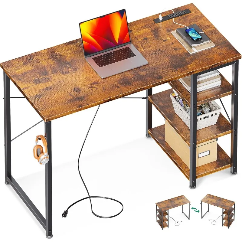 Laptop Desk Small Desk, 40 Inch Computer Desk with Power Outlet and USB & Type-C Charging Port, Writing Desk with 3-Tier