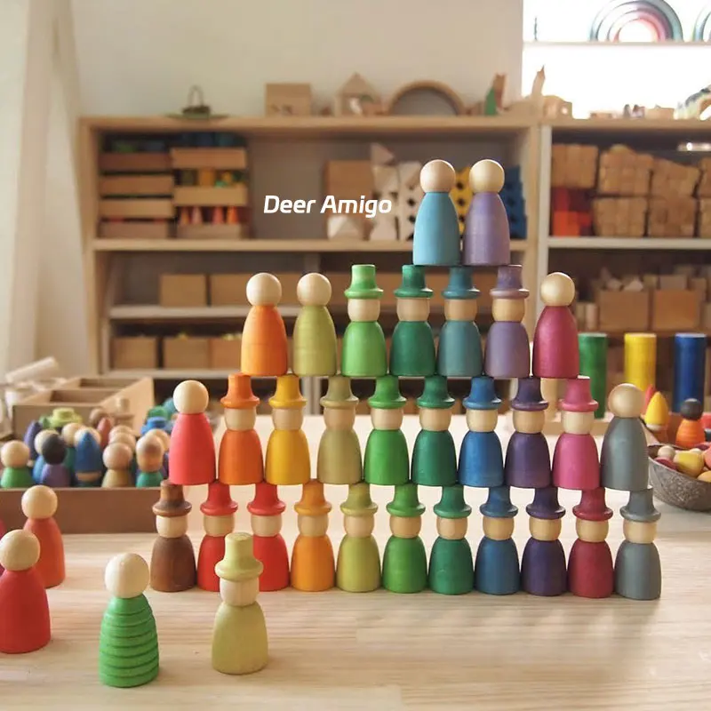 Wooden Rainbow Pastel Peg Dolls Nins Small World Play Toys Loose Parts Learning Color Montessori Educational Toys for Children