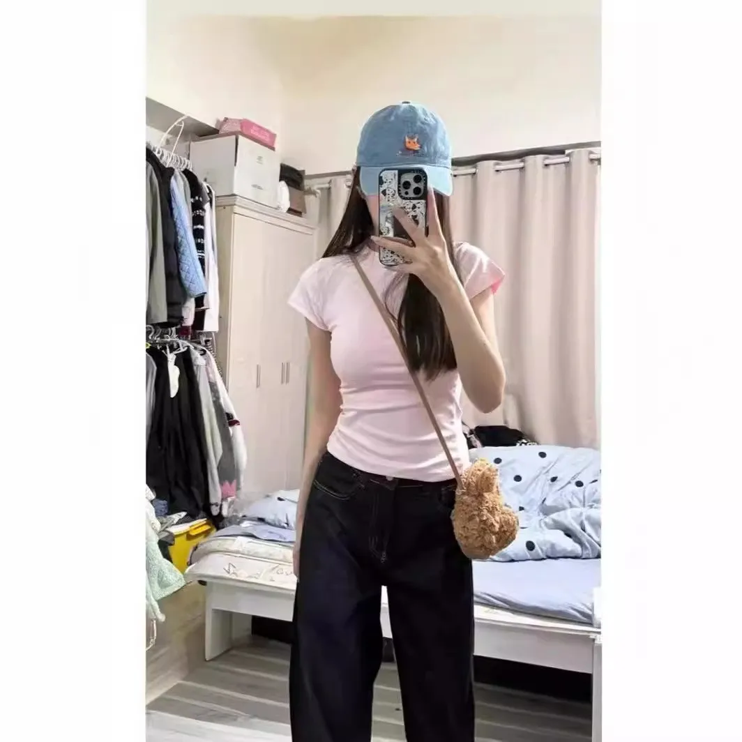 Pink Slim Fit ort Sve T-irt Women's Base Layer Top Tight Waist Cinching oulder Length Commute Sle Cotton Blend