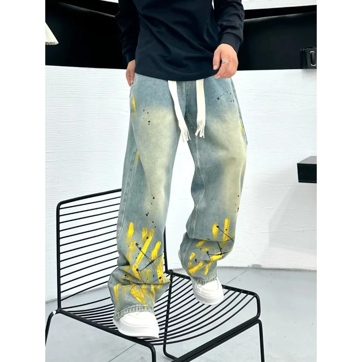 American Style Casual Men's Jeans Hand-Painted Spray Ink Fashionable Straight Legged Wear-Resistant Autumn Seasonal Pants