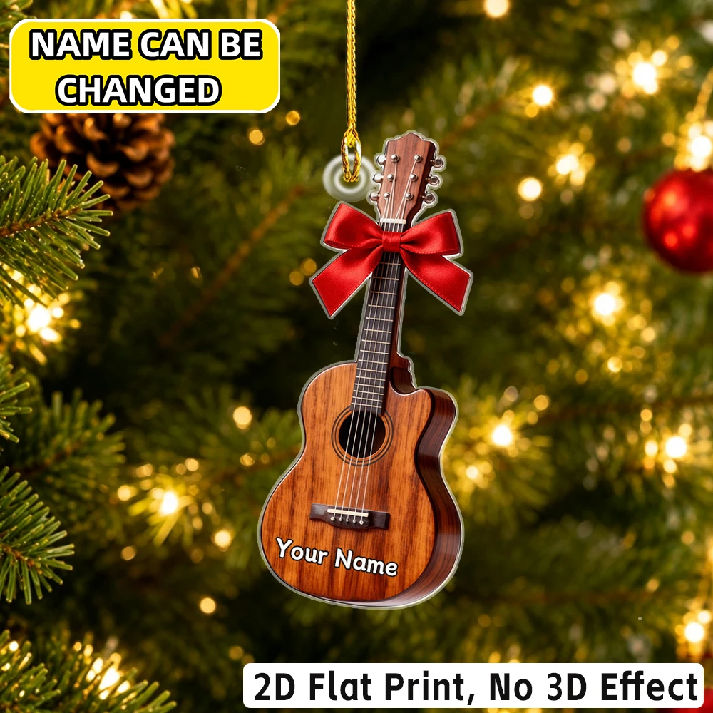 2D Flat‑Personalised Name Acrylic Ornament,Acoustic Guitar With Bow Pattern,Xmas Tree Decor,Unique Holiday Gift