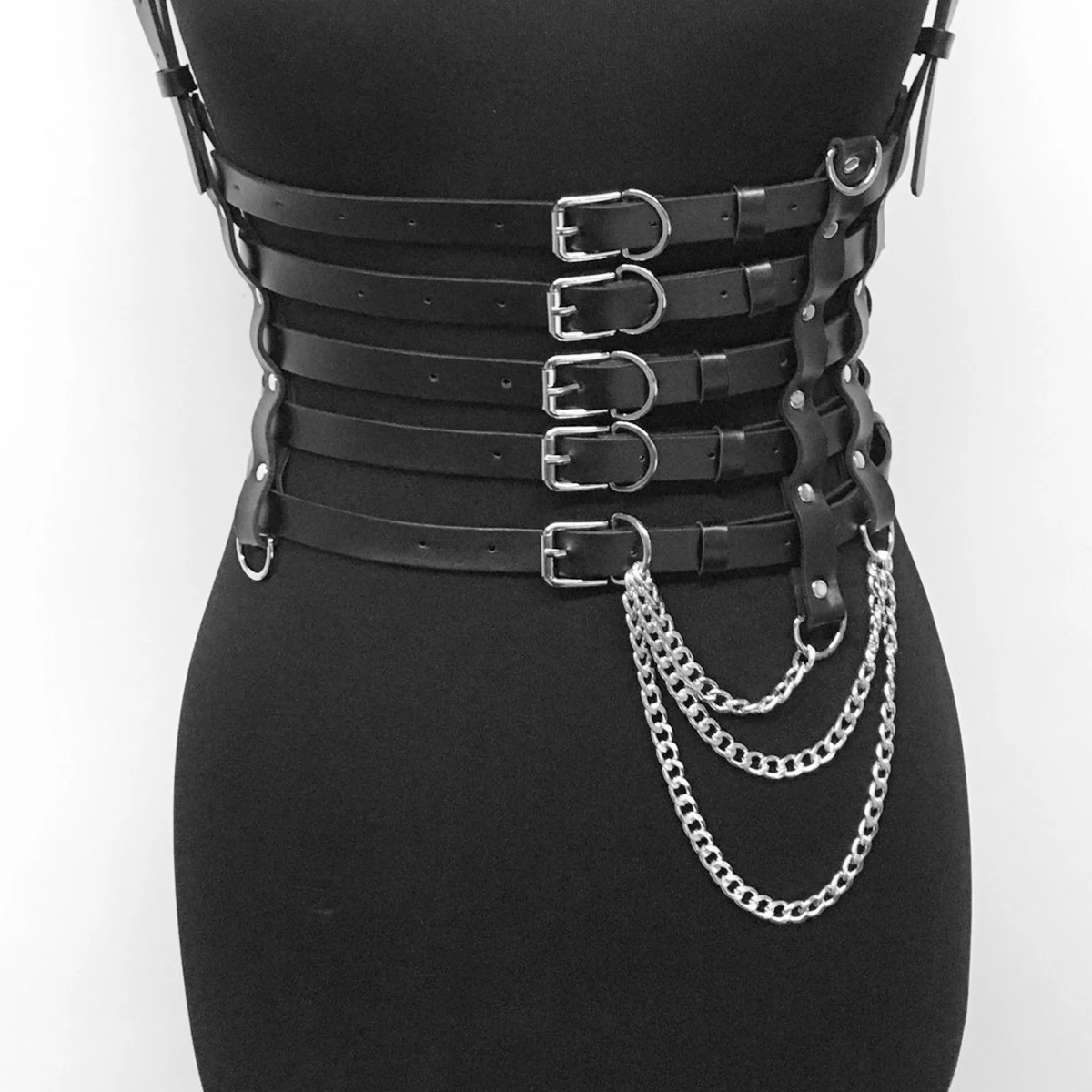 

Корсет-ремень ручной работы из искусственной кожи с цепями, женский ремень-корсет из искусственной кожи с цепями, готический ремень для рейв-костюма.