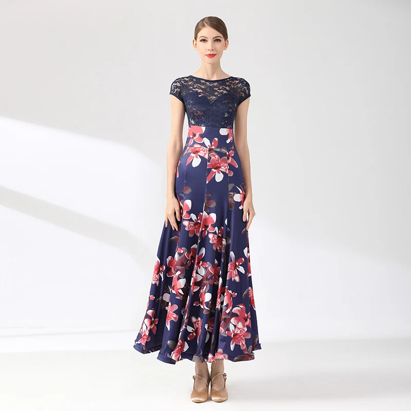 

Comfortable Advanced Adult Modern Dance Skirt Short Sleeve National Standard Dance Costume Dress Printed Dance Practice Wear