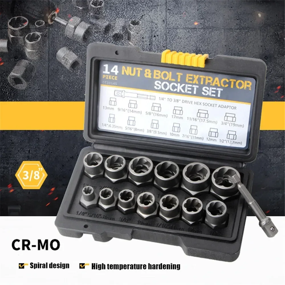 14-Piece Impact-Grade Bolt Nut Extractor Socket Set for Removing Damaged/Rusted/Rounded Bolts & Nuts Storage Box