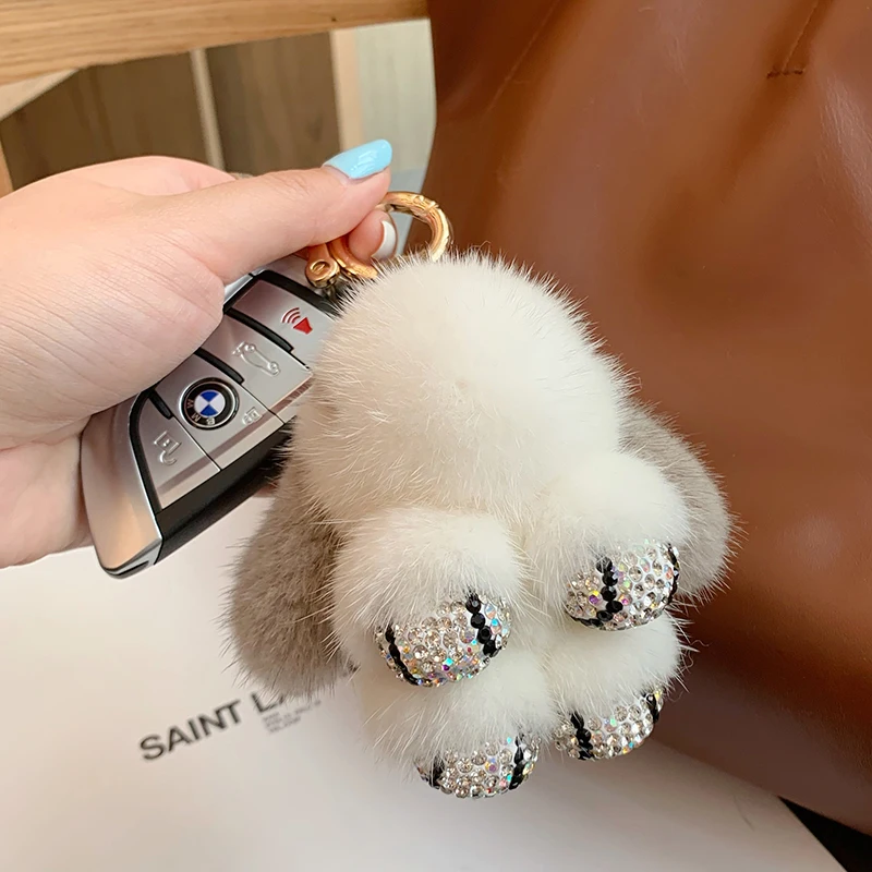 

Cute Mink Fur Rabbit Keychain Ring Luxury Plush Pompon Bunny Bag Pendant For Couple Fluffy Bag Charms Car Key Ring Jewelry Gifts