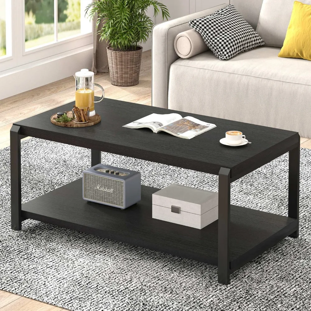 

Black Coffee Table, Modern Rustic Wood Center Table for Living Room, Industrial Rectangle Cocktail Tea Table with Storage