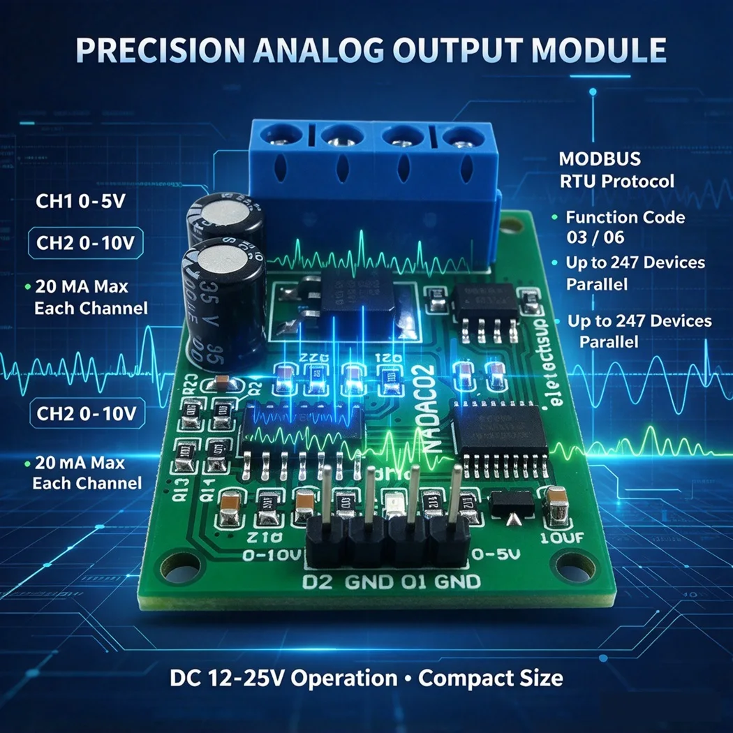 Modbus RTU RS485 DAC Analog Output Module DC12-25V 0-5V 0-10V 2CH Voltage Output 0.01V Resolution for PLC Industrial Control