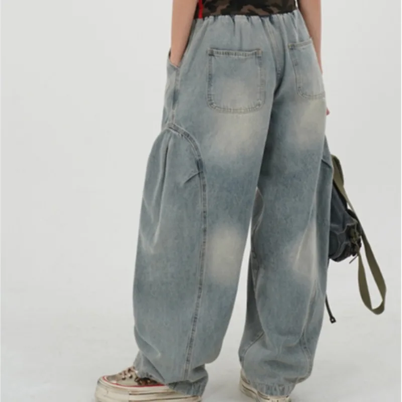 Summer 2026 Chic Korean Style Loose Fit Vintage Washed Denim Pants Workwear-Inspired Patchwork Elastic Waist Casual Jeans
