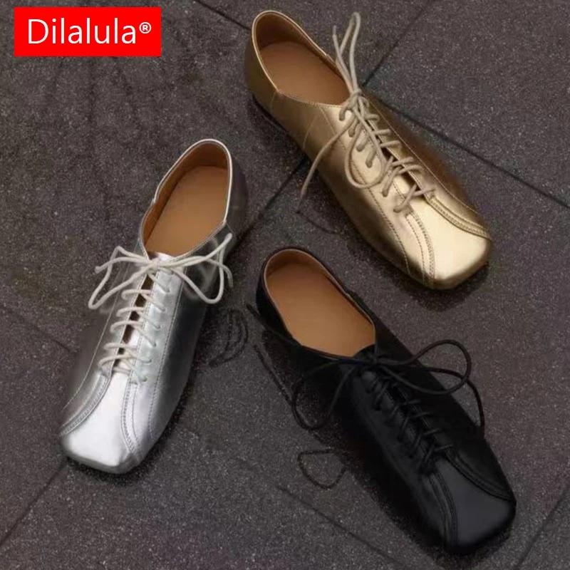 Dilalula 2024 Hot Sale Low Heel Lace Up Genuine Leather Pumps Women Daily Walk Flats Young Girls Casual Autumn Shoes Silver