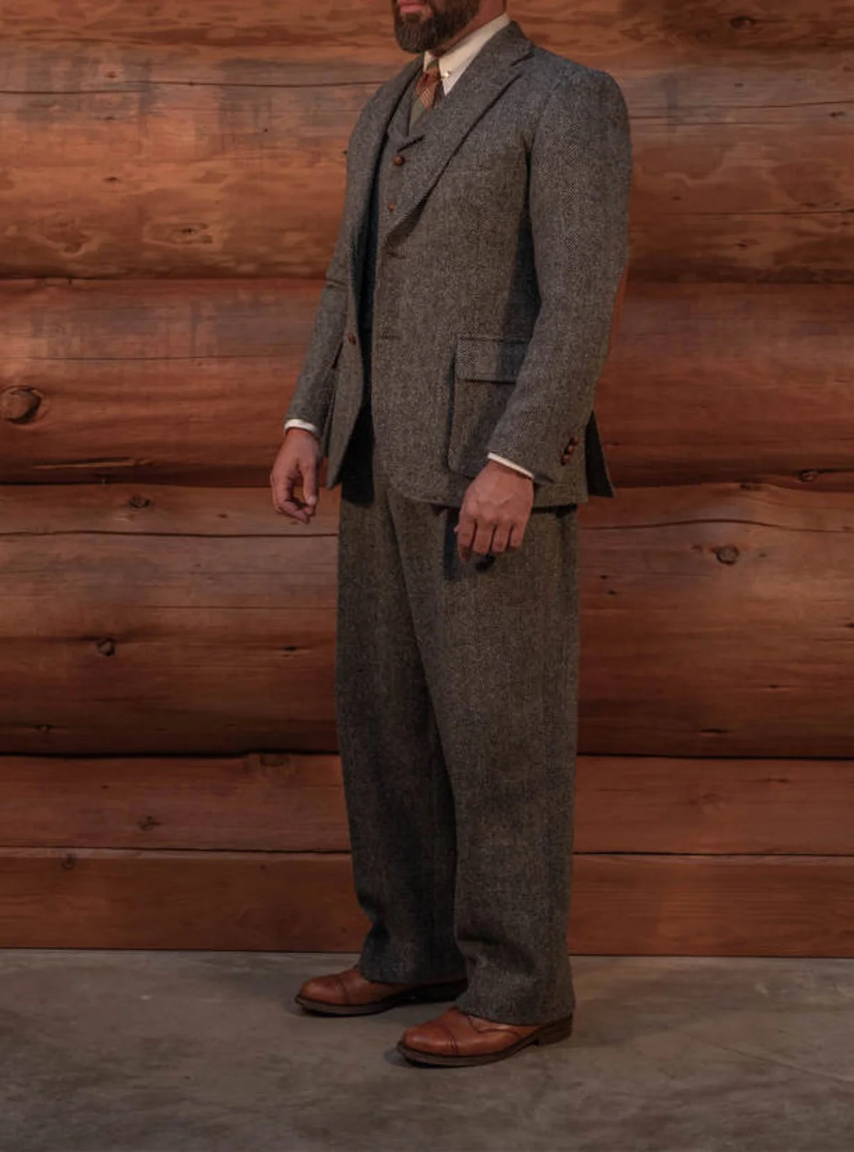 بدلة تويد كلاسيكية باللون البني للرجال بدلة زفاف العريس ملابس رسمية 3 قطع ملابس شتوية سميكة مصنوعة حسب الطلب