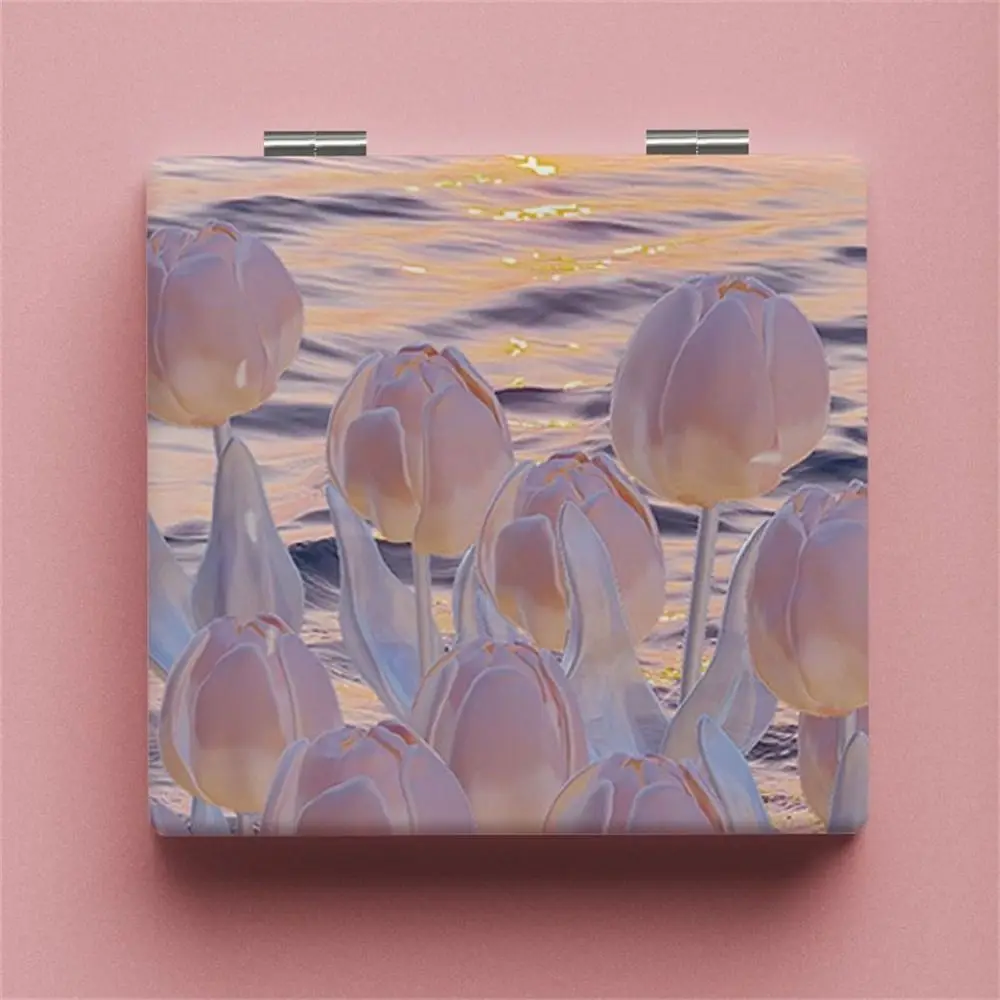 مرآة مكياج مربعة للجيب توليب على الوجهين، مرآة مكبرة لمستحضرات التجميل، لوحة زيتية، مرآة مدمجة قابلة للطي للفتيات والسيدات