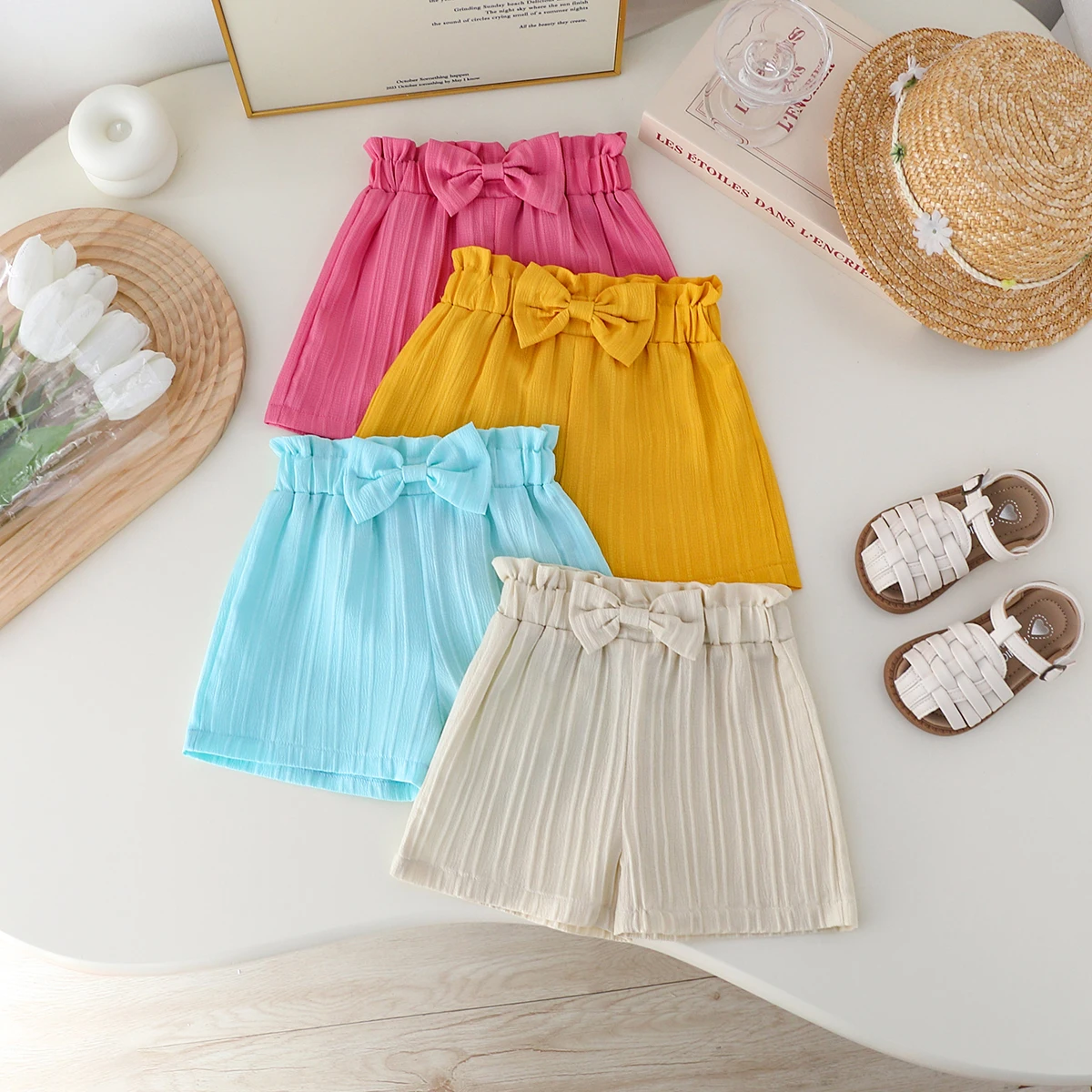 JOPGEEY Baby Girls' Four-Piece Set Casual Fashion Pure Color Bowknot Decoration Short Pants Ensemble