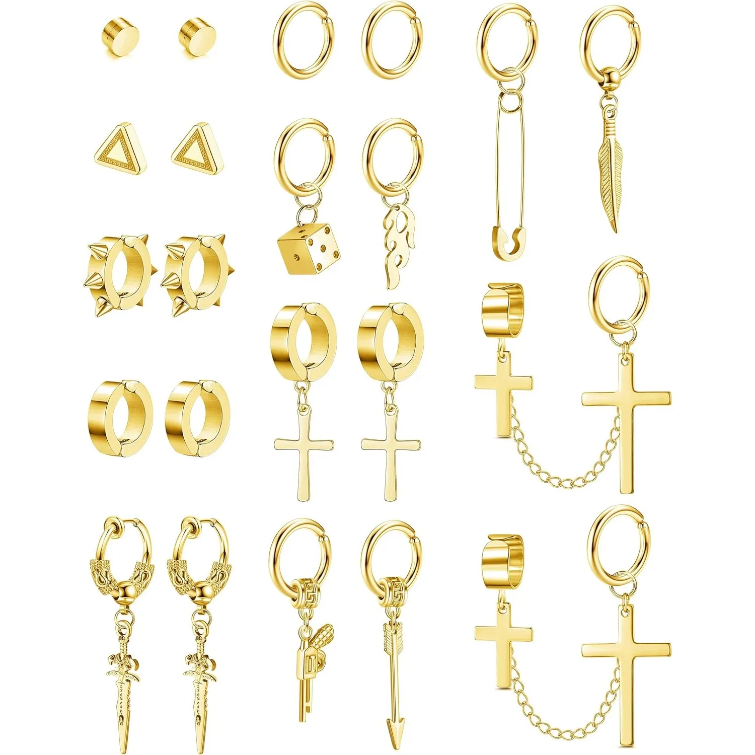 

Bobisty 22Pcs Stainless Steel Fake Earrings for Men Women Goth Cross Chain Earring Non-Piercing Hoop Earrings Set Halloween