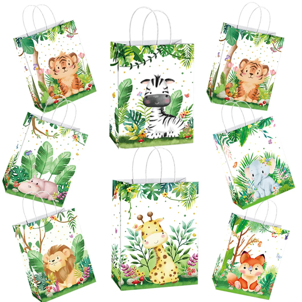 10/40/60pcs Jungle Animal Bags Ctue Cartoon Lion Zebra Tiger Giraffe Fox Hippopotamus Pattern Gift Bag Kids Birthday Party Decor