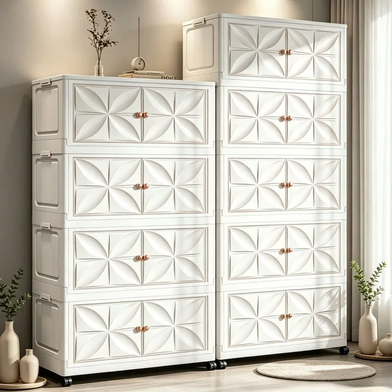 White Cream Embossed Double Door Foldable Lidded Storage Box, Tool-Free Modular Stackable Organizer With Swivel Wheels, Plastic Storage Cabinet, Stylish Multi-Functional Bin For Bedroom, Living Room, Kitchen, Bathroom, Pantry, 3/4/5 Tiers Optional