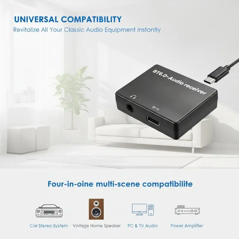 Bluetooth 6.0 Audio Receiver, 3.5mm Jack Wireless Audio Adapter for PC, TV, Car Speaker, Amplifier & Wired Earphones