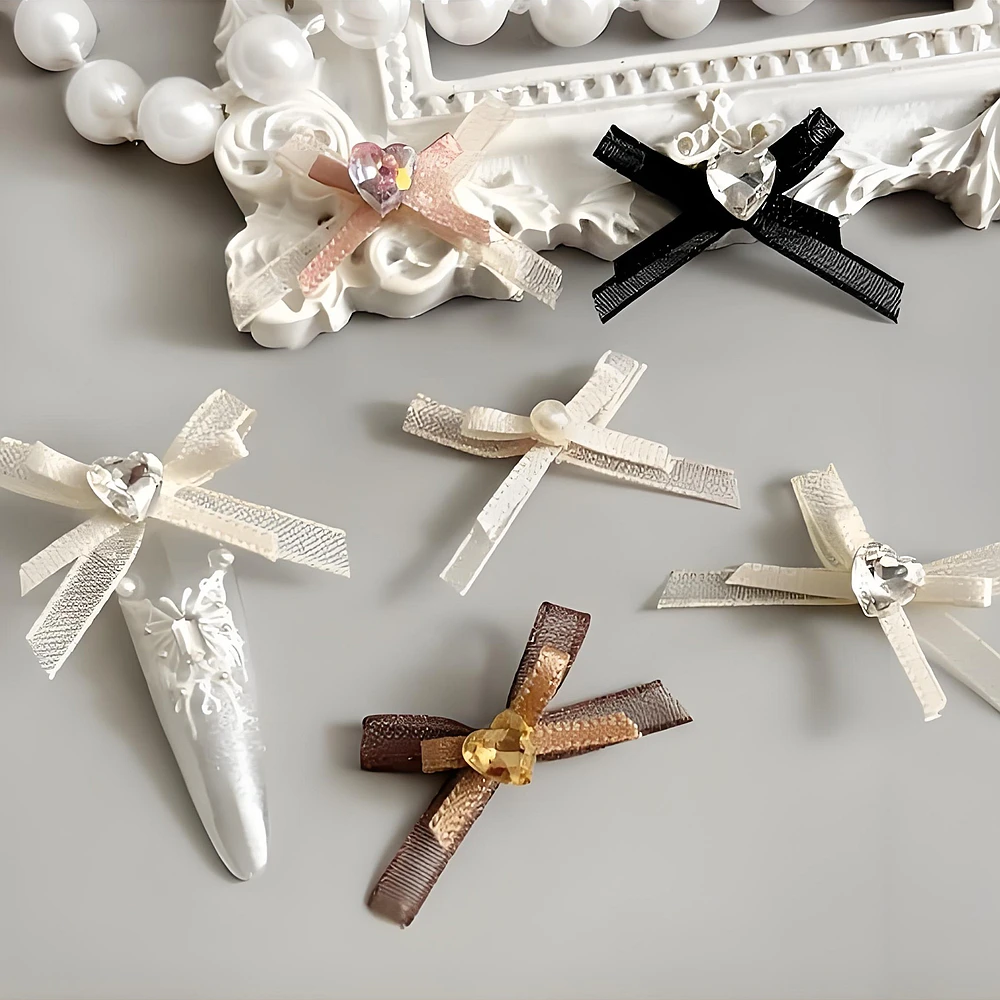 10 Uds. De cinta de encaje de Organza de doble capa, abalorios para uñas con lazo, corazón de amor, accesorios de diamantes de imitación para decoración de uñas, suministros de manicura