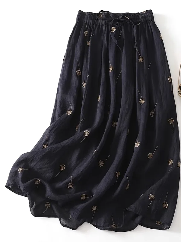 Dandelion Print A-Line Midi Skirt Women's Summer Tea Break Loose High Waist Draped Double Layer Wide Hemline Casual Skirt
