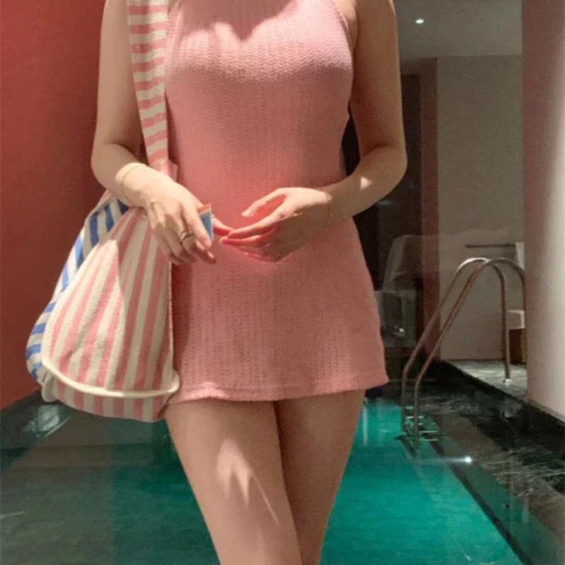 

Knitted One Piece Swimsuit Korean Vintage Solid Color Modest Dress Style For Women Pastel Chic Elegant Beach Pool Party Vacation
