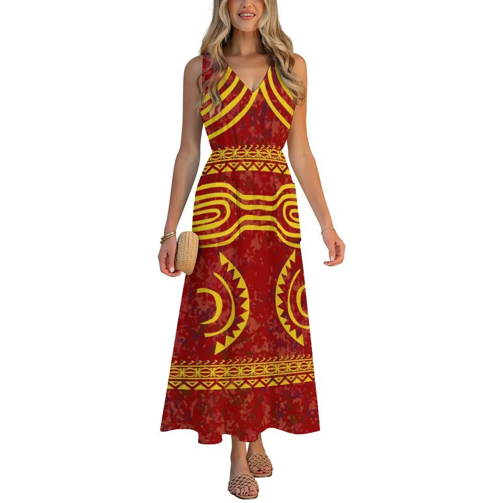 فستان نسائي صيفي نمط مخصص زي عرقية بولينيزية على شكل حرف v بدون أكمام فستان طويل أنيق فستان الحفلات 2026