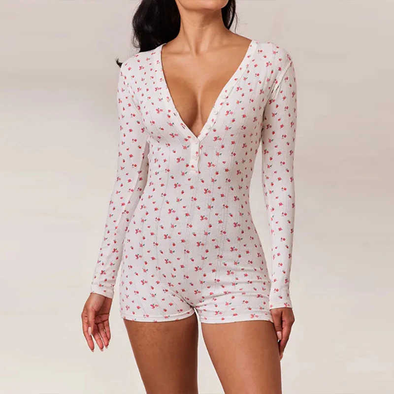 

Sexy Ladies Spring Summer New Sleepwear Long Sleeved Shorts Jumpsuit V-neck Flower Print Pajamas Casual Comfortable Homewear