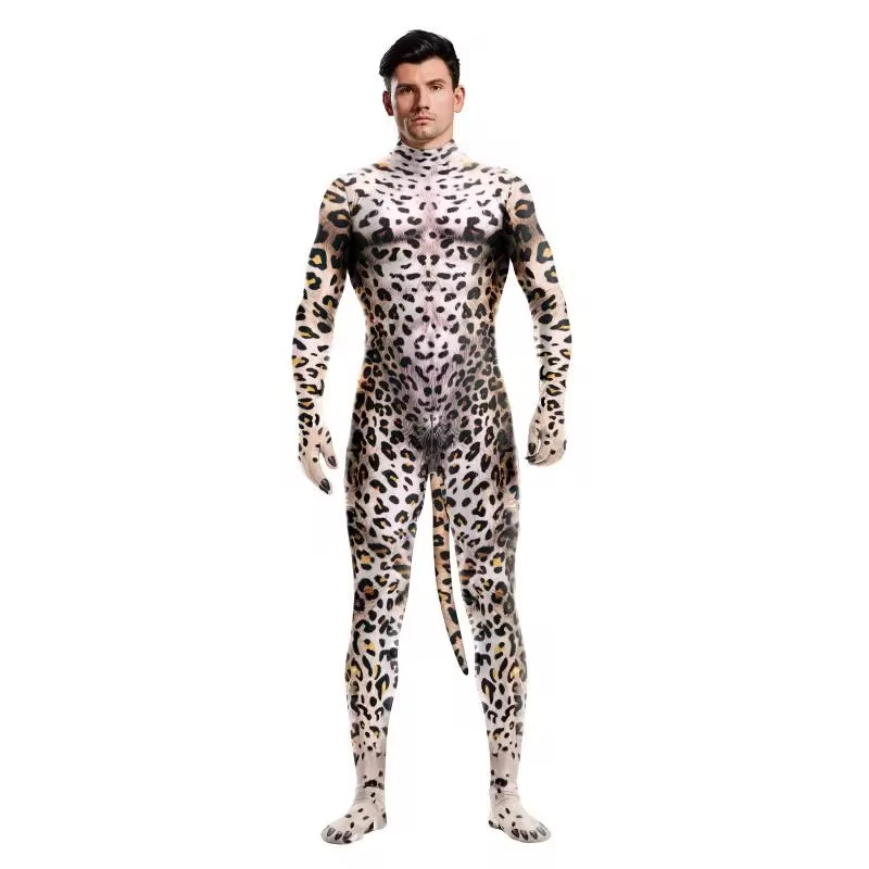 Halloween Cheetah Animal Costume with Tail Crotch Zipper Role Playing One-piece Bodysuit Unisex Leopard Print Clothes Bodysuits