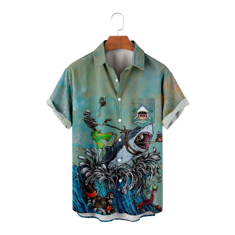 

Hawaiian Men Skull And Shark Print Shirts Beach Short Sleeve Tops Blouse Shirt Mens High Quality Clothes