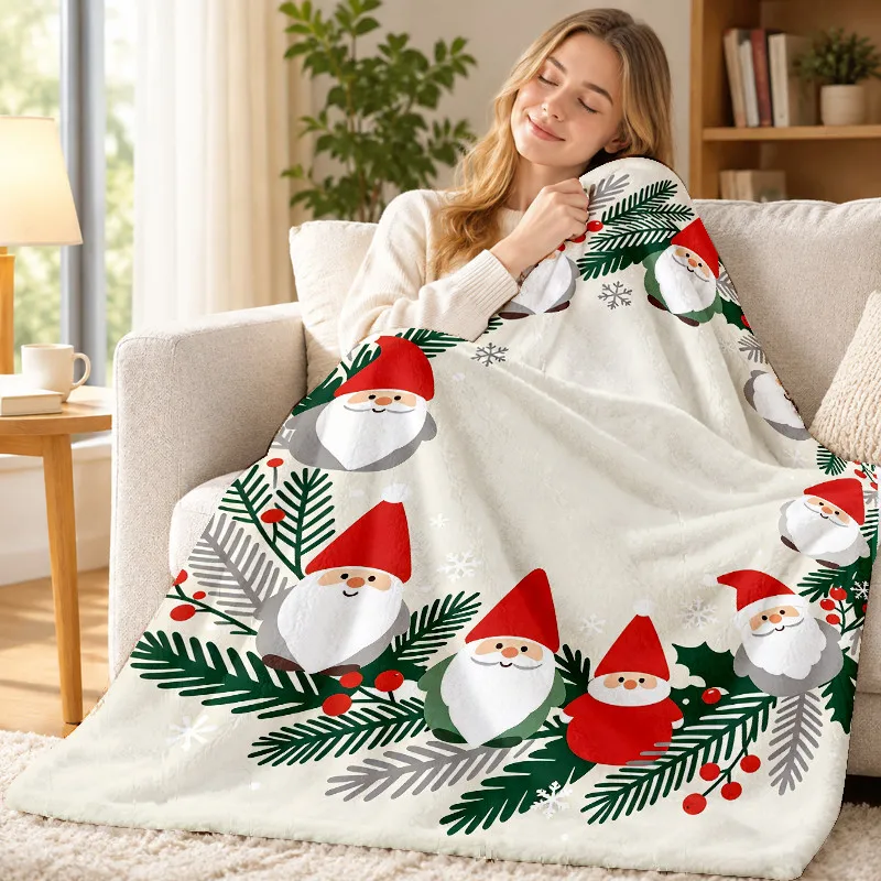Cute Gnome Throw Blanket Wreath Pine Berry Snowflake Blank Border Soft Flannel for Sofa Lap Xmas Party Holiday Home Decor Gift