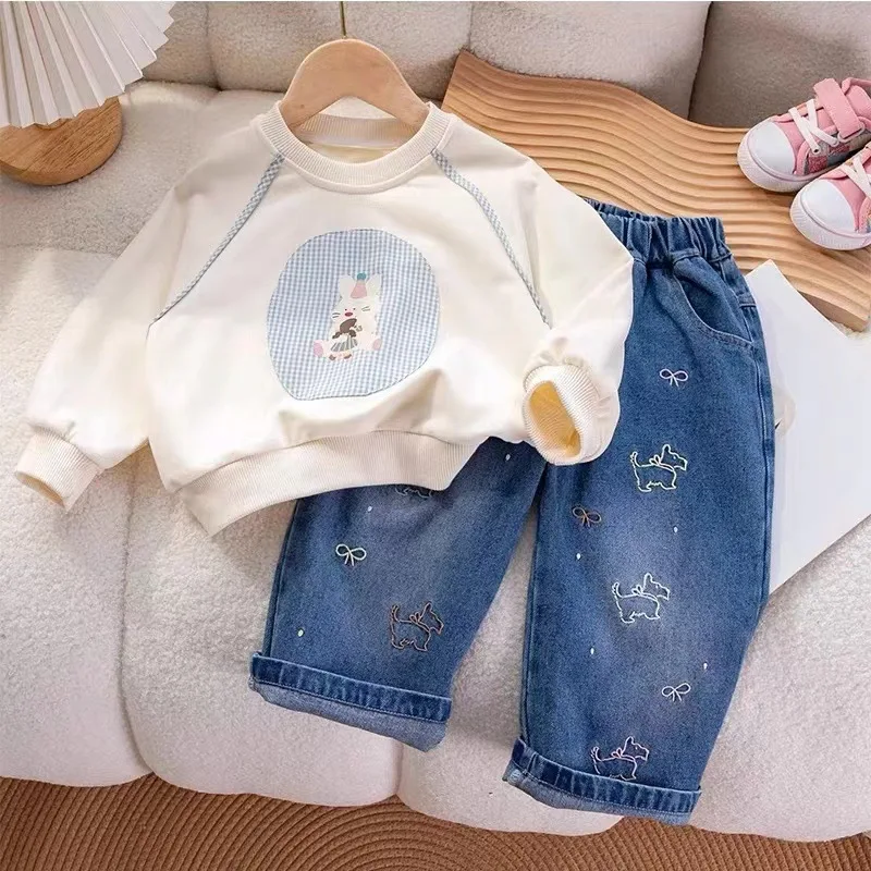 

Korean Style Girls' Autumn Outfit New Printed Sweatshirt with Puppy Embroidery and Jeans Children's Two-Piece Set