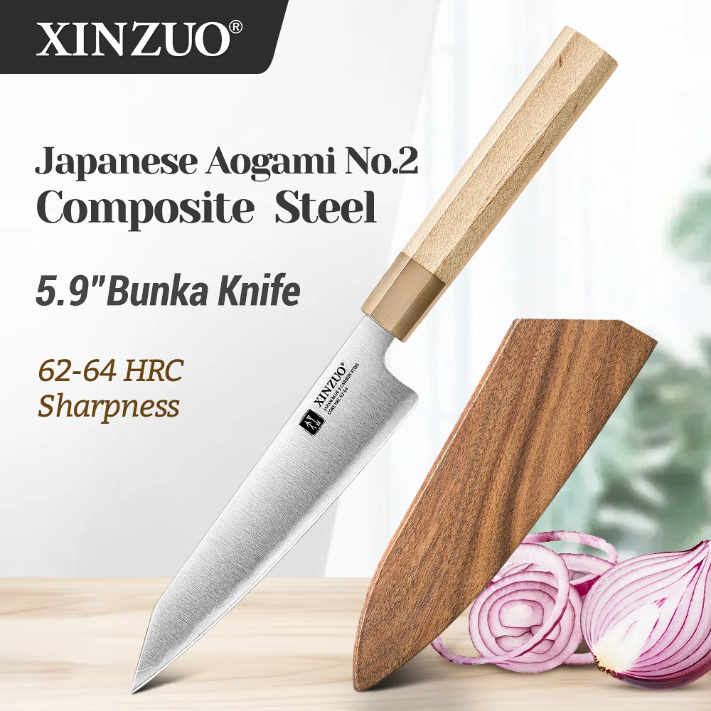 XINZUO 5.9‘’Bunka Knife High Hardness HRC64 JapaneseAogami No.2 Handmade Water Grinding Razor Sharp Flat Edge Slicing Knife