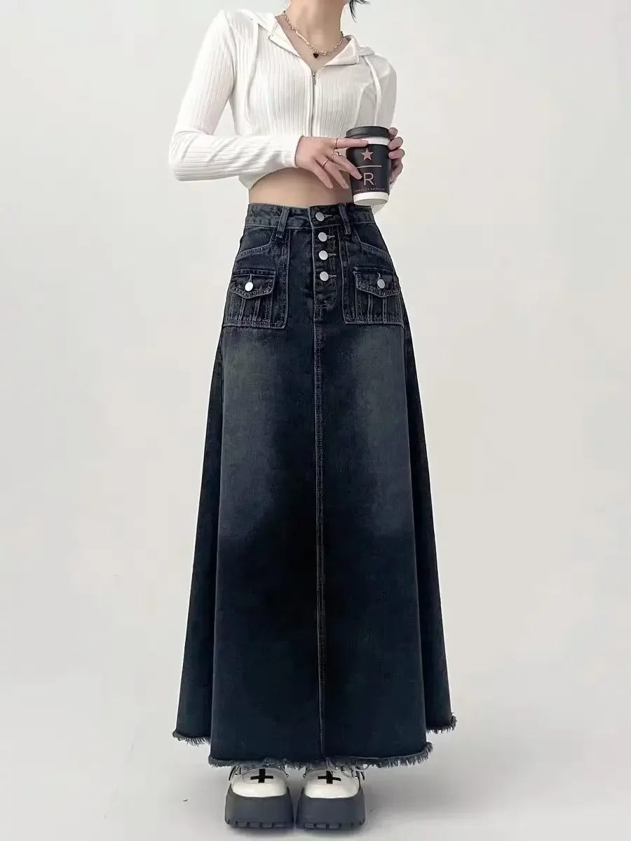 Vintage Denim Long Skirt for Women 2023 Spring Summer High Waist Button Raw Edge A-Line Skirt Female Harajuku Street Jean Skirts