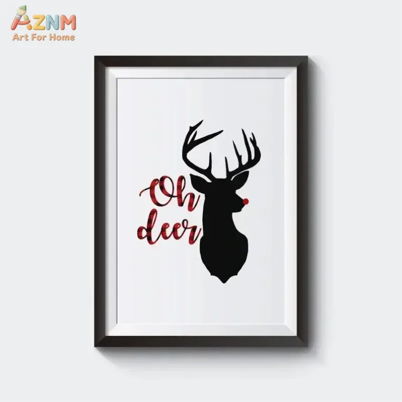 AZNM Red Buffalo Plaid Christmas Canvas Poster Reindeer Snowflake Noel Let It Snow Farmhouse Holiday Wall Decor, Unframed Canvas