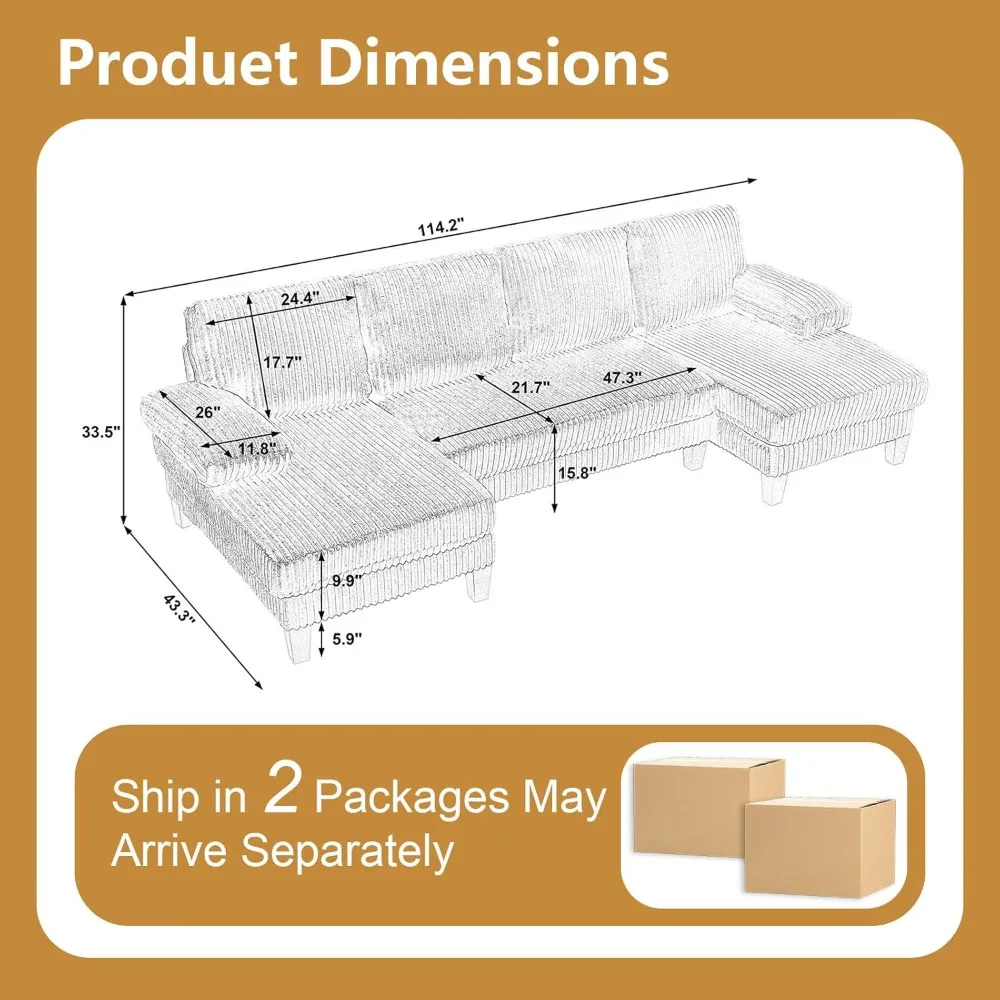 114.2” W Corduroy Sectional Sofa for Living Room, U-Shaped Couch with Double Chaises and Comfortable Backrest, Modern 4-Seater D