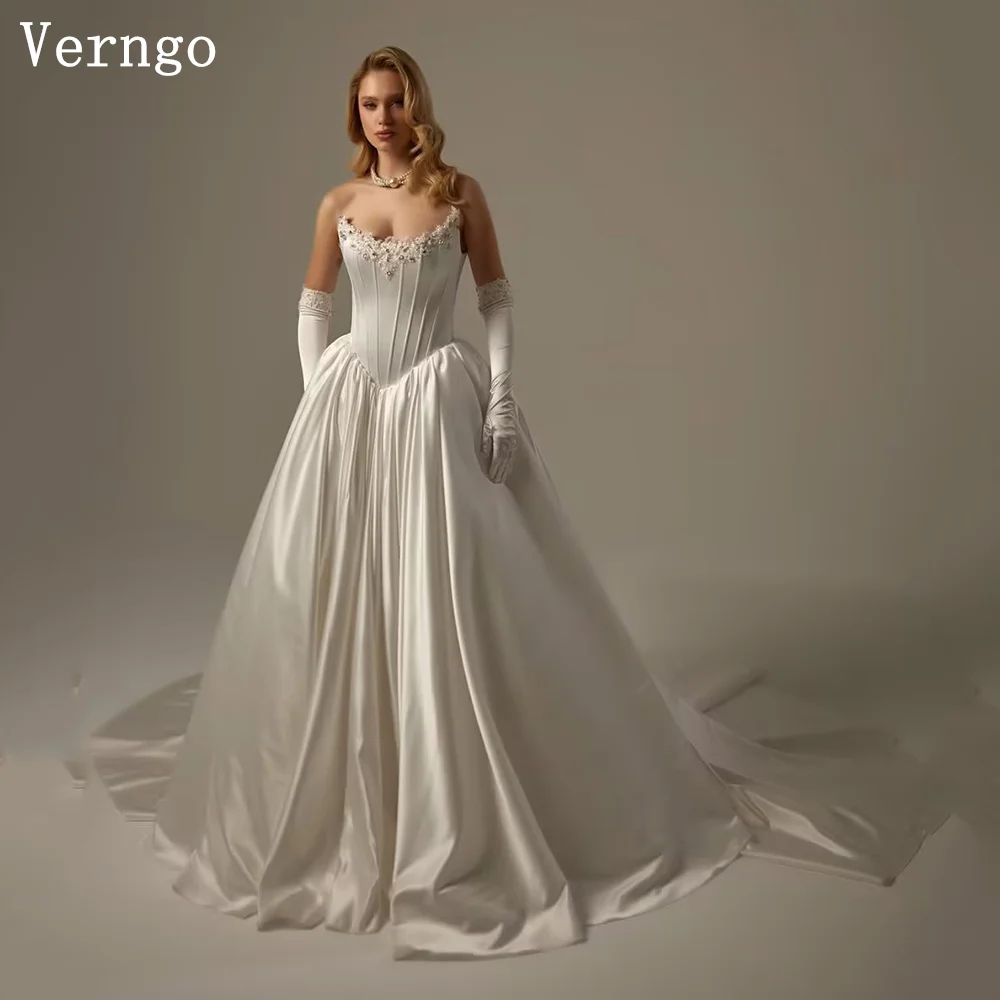 

Атласное свадебное платье Verngo цвета слоновой кости с вырезом лодочкой и аппликацией, плиссированные свадебные платья, роскошное платье невесты по индивидуальному заказу