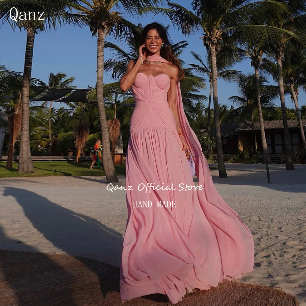 Qanz Beach Chiffon Evening Dresses Women Sweetheart Dusty Pink Long A Line Vestidos De Festa Sleeveless Prom Dress Customized