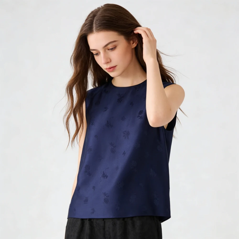 2026 Women's Casual Summer Clothing 100% Natural Mulberry Silk Tibetan Blue Rose Jacquard Round Neck Skin Friendly Vest