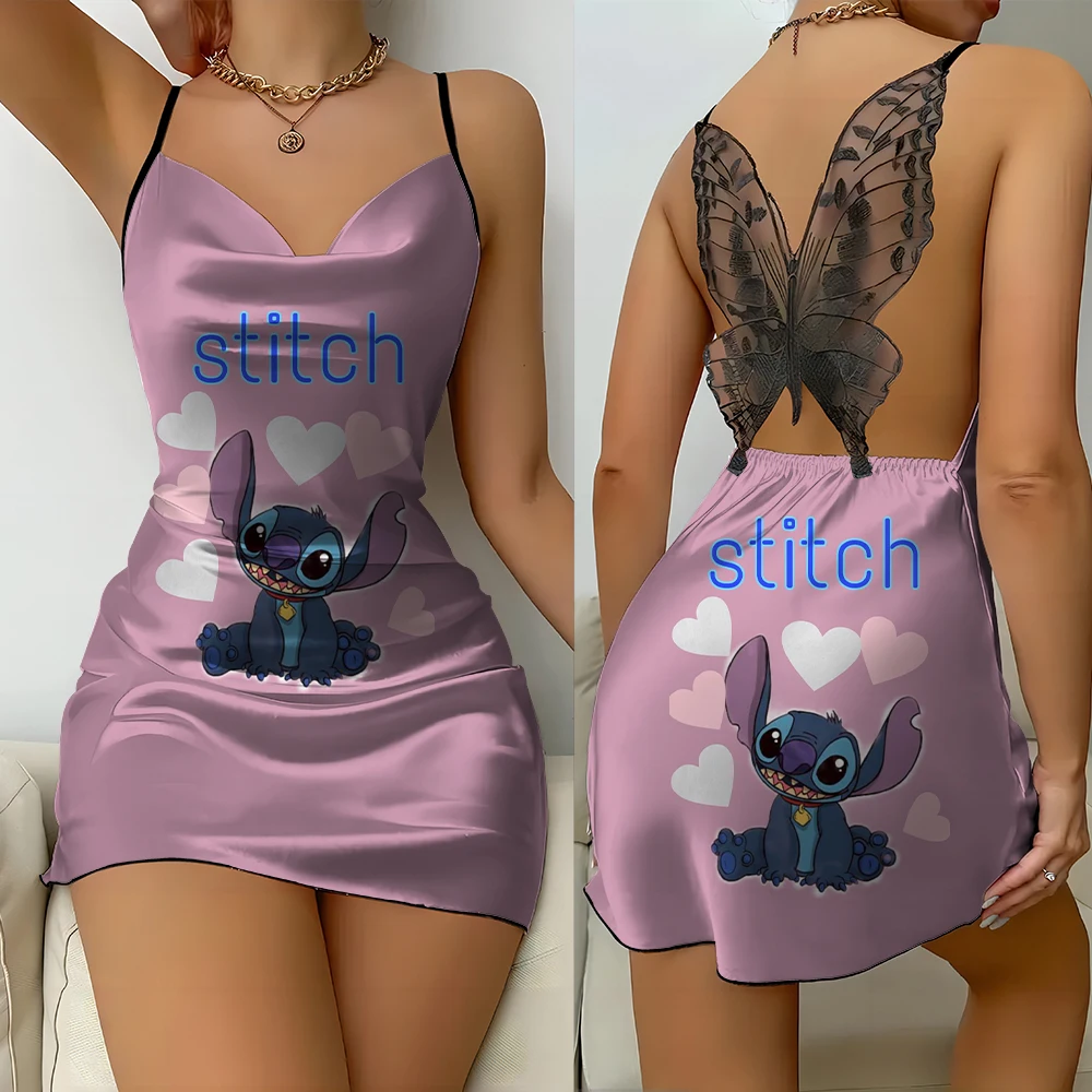 Stich elegantes Kleid Damen Satin Spitze Kleid Damenmode Sommer Disney Bogen sexy rücken freie Nachthemd