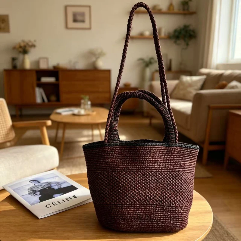 Handgewebte Raffia-Stroh Strandtasche, Leichte Vielseitige Sommer-Umhängetasche für Pendeln und Reisen, Einfarbige Tragetasche – Detail 9