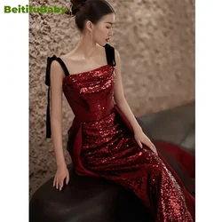 BeitifuBaby 2024 Vintage Women's Bride Engagement Prom Dress Light Luxury Sleeveless Sequins Palace Style Banquet Gown Vestidos